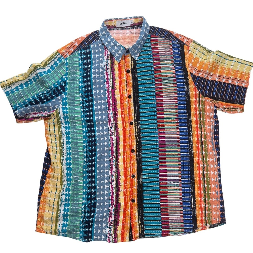 Vatpave Mens XL Short Sleeve Button Up‎ Shirt Multi Colour Patchwork Geometric